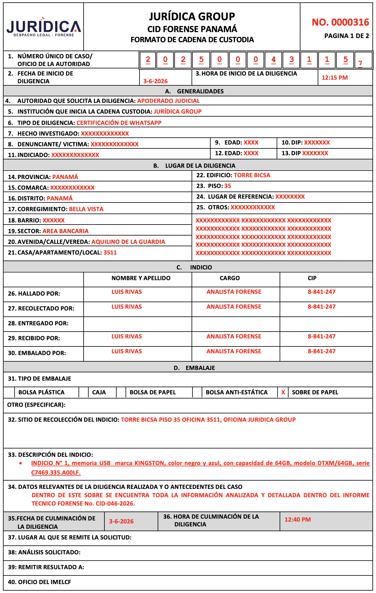 Formulario de cadena de custodia